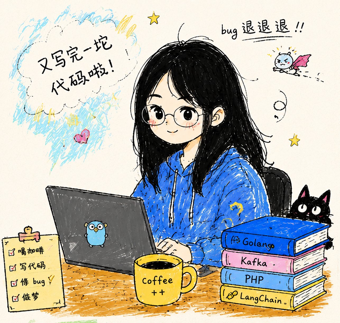 手绘程序员日记风格的张嘉鱼小站参考图